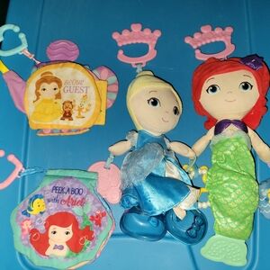2x Disney Baby (Ariel, Bell, Cinderella) Soft Book  & 2x Doll Clip Princesses